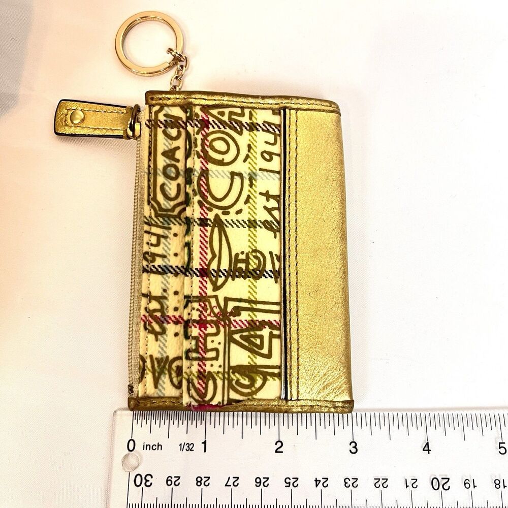 Coach Poppy Tartan Graffiti ID Case Skinny Mini Wallet Gold Plaid Keychain Rare - Picture 7 of 7